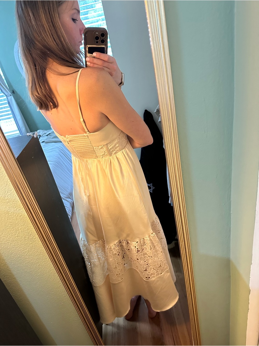 BHLDN Cream Satin Lace-Panel Midi Dress - Picture 3 of 8